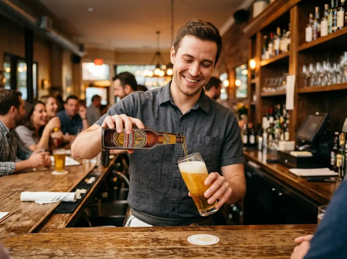 A bartender pouring a Barahsinghe beer into a glass