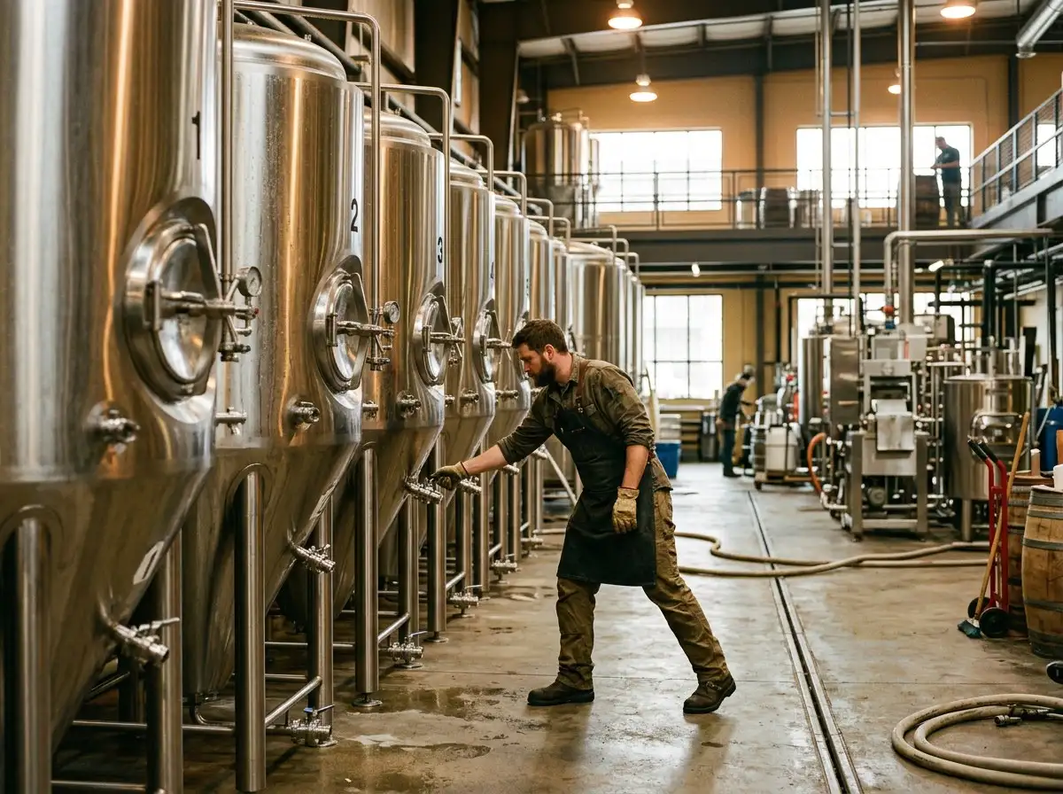 A brewer checking steel fermentation tanks in a brewery