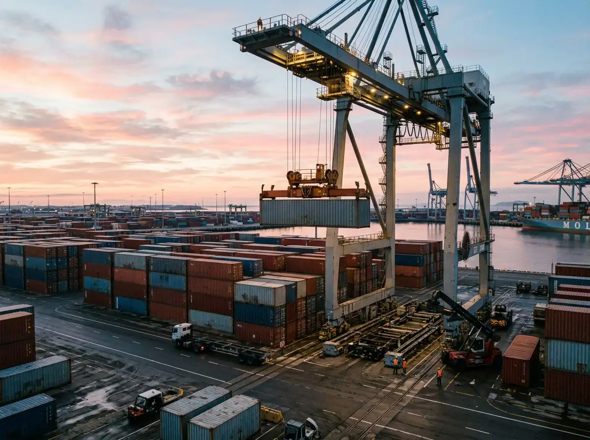 Shipping containers and cranes at a port at dusk