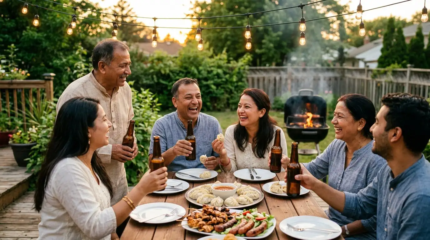 Friends sharing beers and food at a backyard dinner