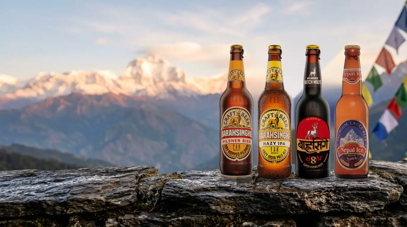 Four Tam & Co. beer bottles in front of Himalayan peaks