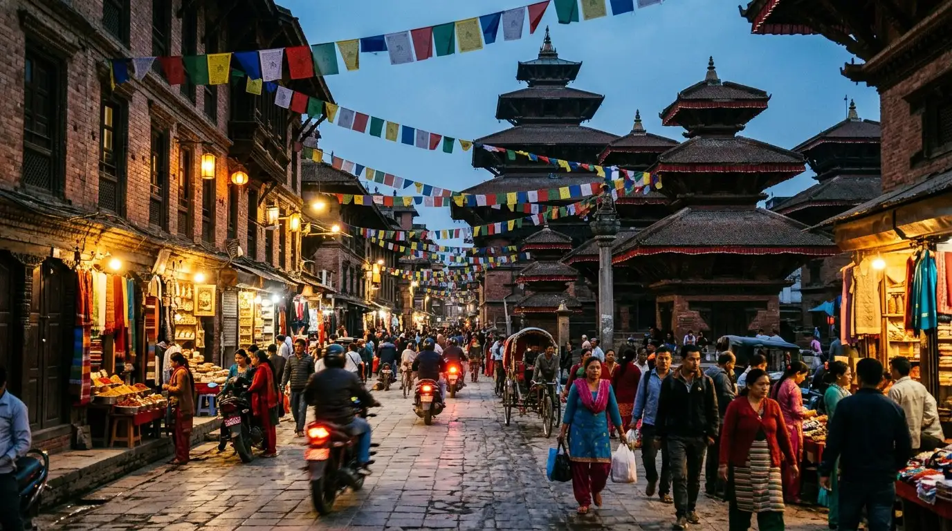A busy street in Kathmandu’s old town under prayer flags