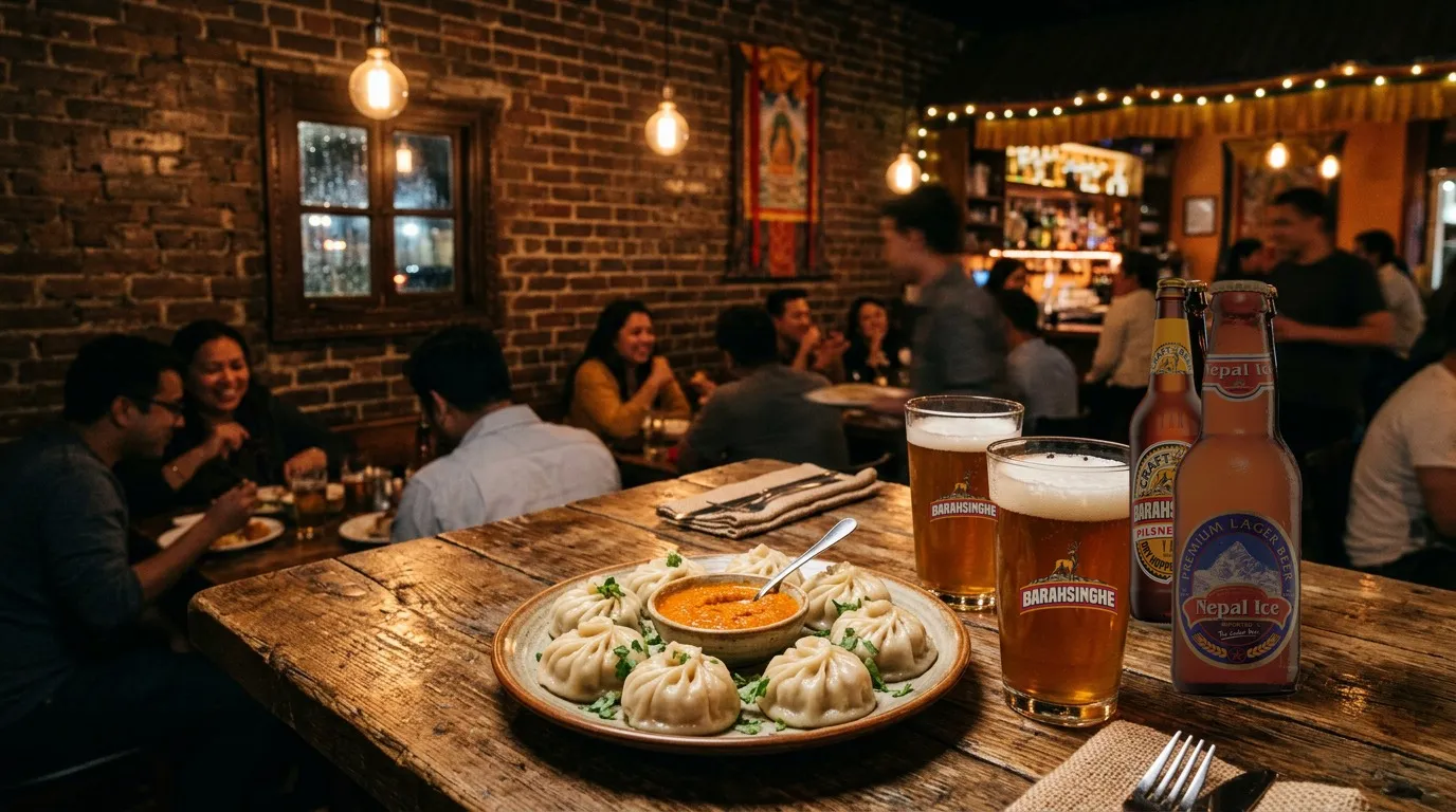 A plate of momos and pints of beer in a busy restaurant