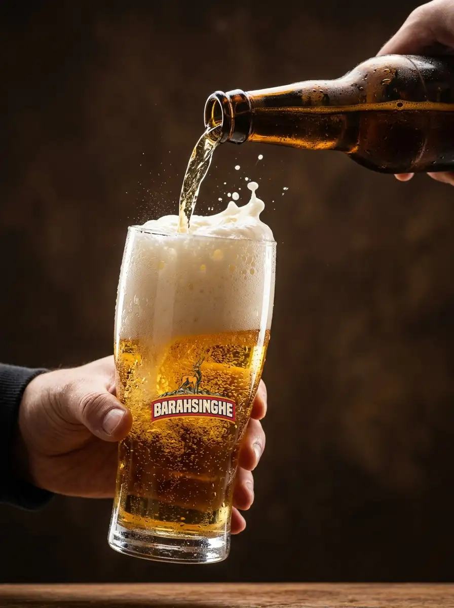 Beer being poured into a Barahsinghe glass, foam spilling over the rim
