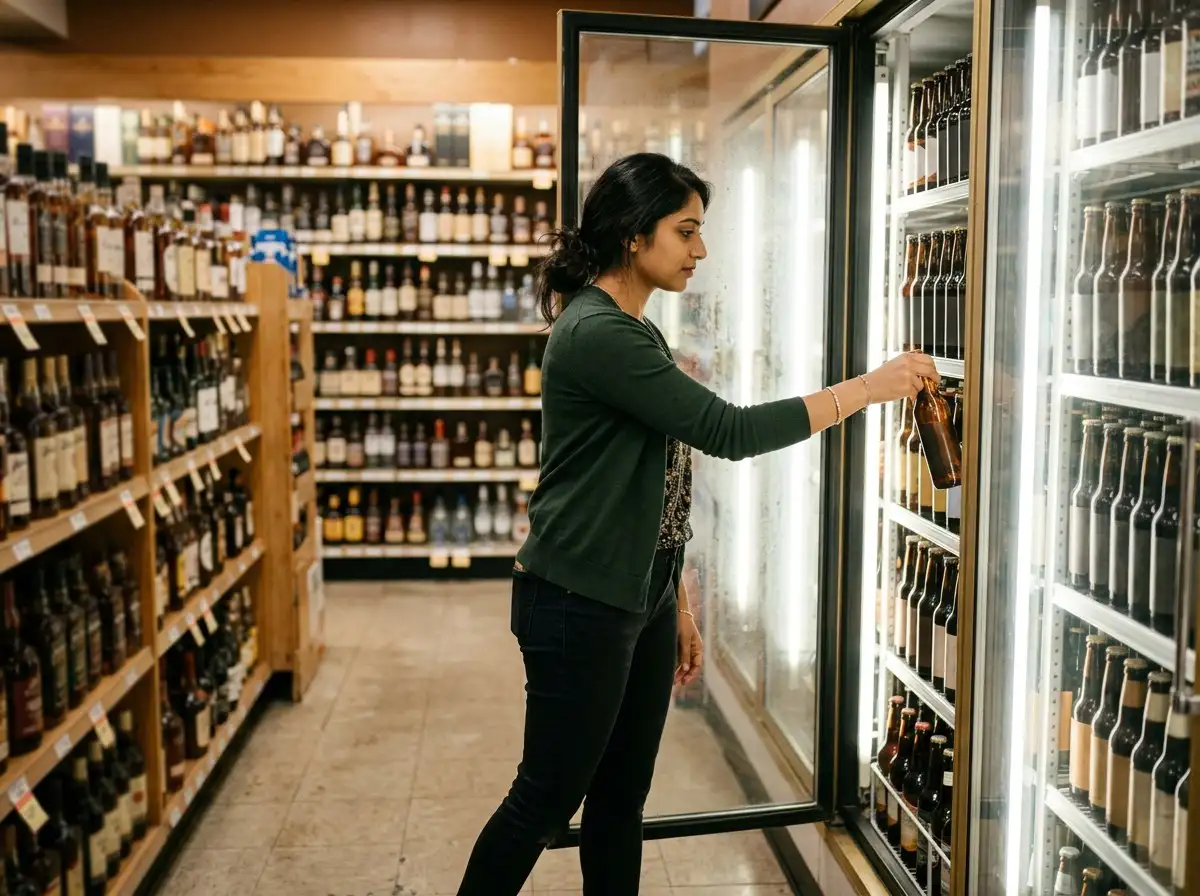 A shopper picking a bottle from a store cooler