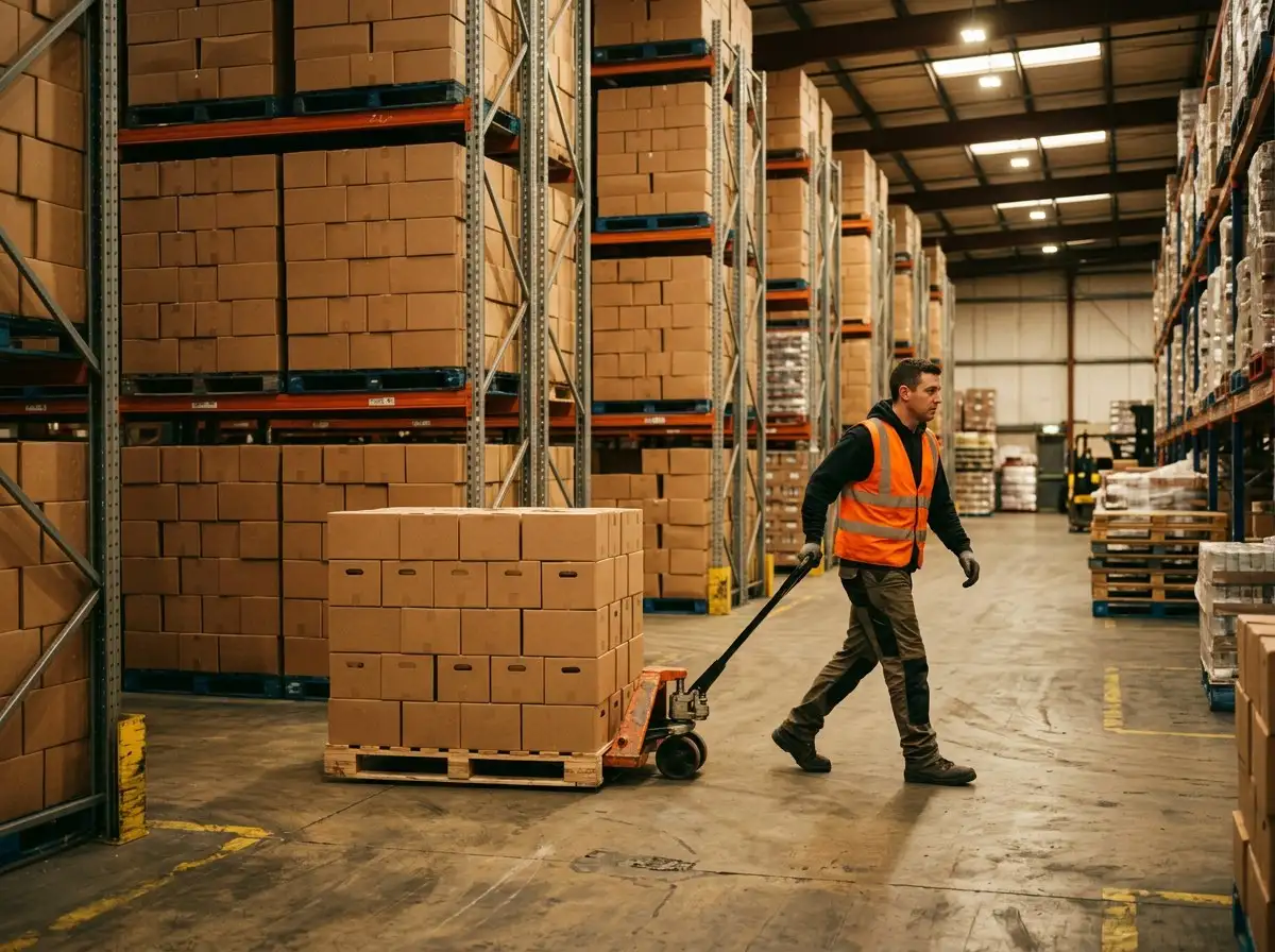 A warehouse worker moving a pallet of cases
